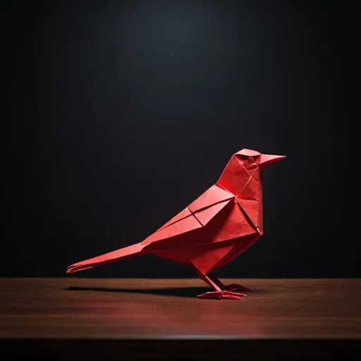 Prompt: red bird origami on table in the dark 2D