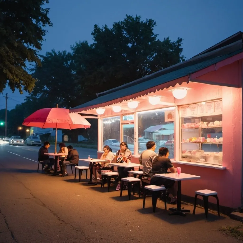 Prompt: small ice cream shop on the side of the road at dusk. lots of tables with umbrella around. the tables contained each pair of lovebirds