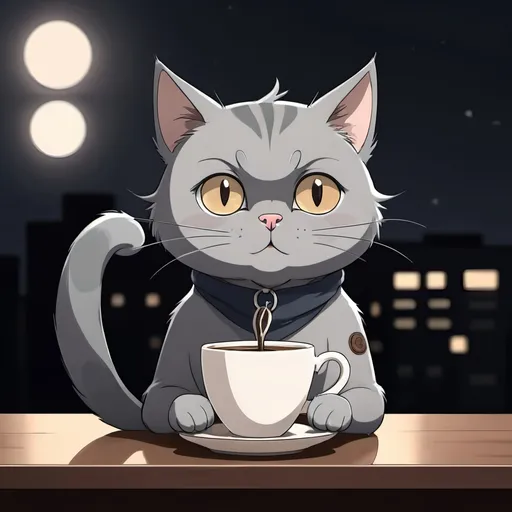 Prompt: a gray cat with a cup coffe in the dark  anime style