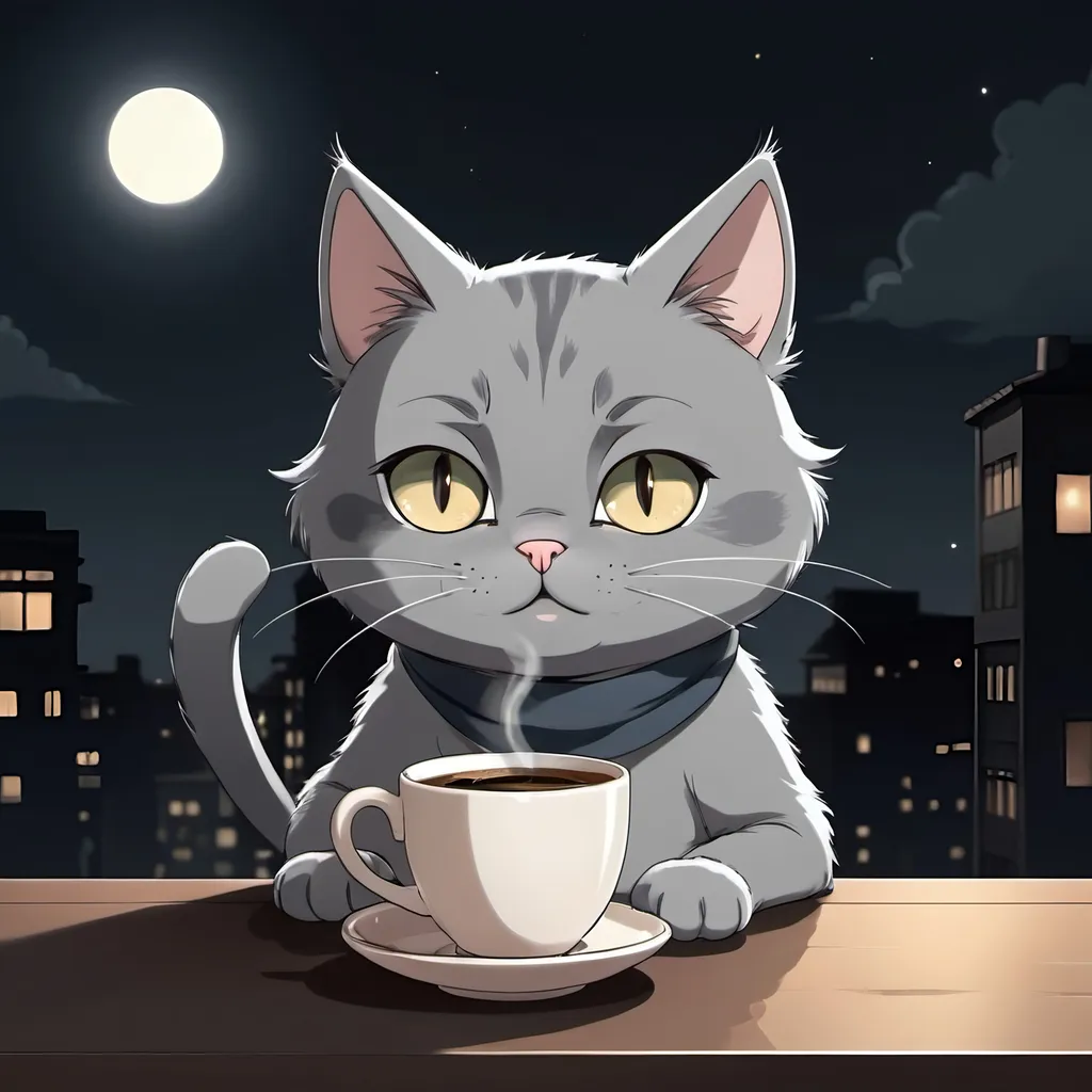 Prompt: a gray cat with a cup coffe in the dark  anime style