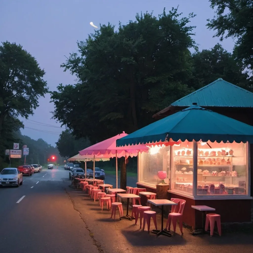 Prompt: small ice cream shop on the side of the road at dusk. lots of tables with umbrella around. the tables contained each pair of lovebirds