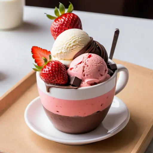 Prompt: Ice Cream Strawberry Cheesecake combo chocolate on cup