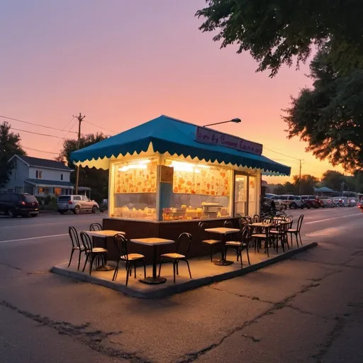 Prompt: small ice cream shop on the side of the road at sunset. lots of tables with umbrella around. the tables contained each pair of lovebirds