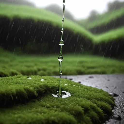 Prompt: please create an image of soft rain, the basque flag, a drop of water and moss 