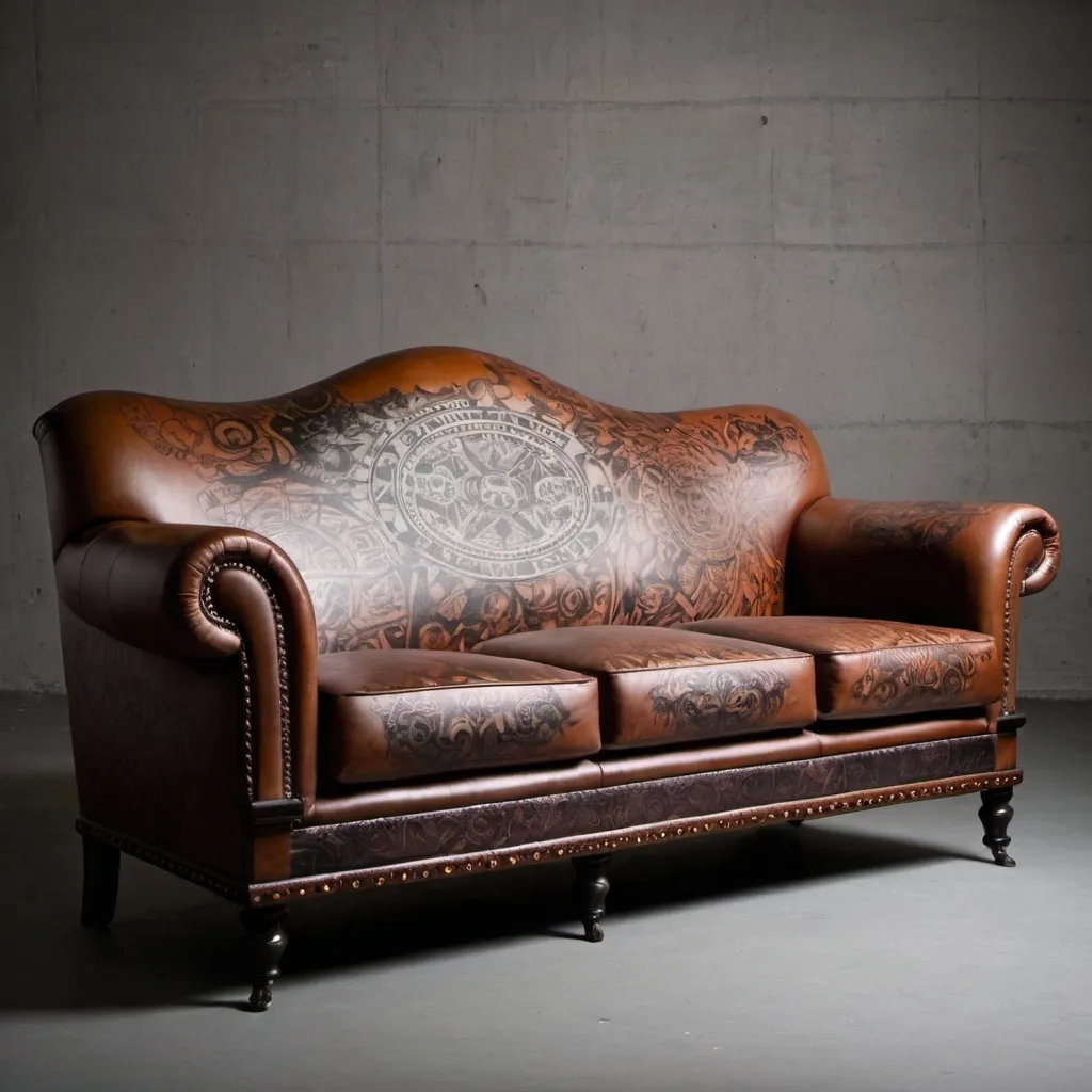 Prompt: many tattooed leather sofa