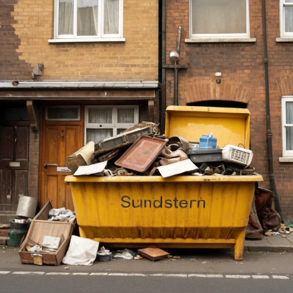 Prompt: old photograph from 1990s, a large yellow skip, inside the skip is a radiator and a wicker cabinet