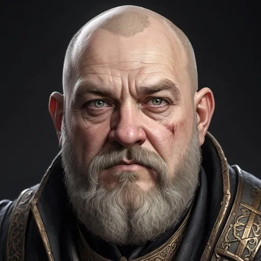 Prompt: Portrait, hd quality, hyper realism, chubby man, bald, no hair, bald, ((long, dwarven grey beard)), 30 years old, black coat, plain background, noble, exiled, swashbuckler
