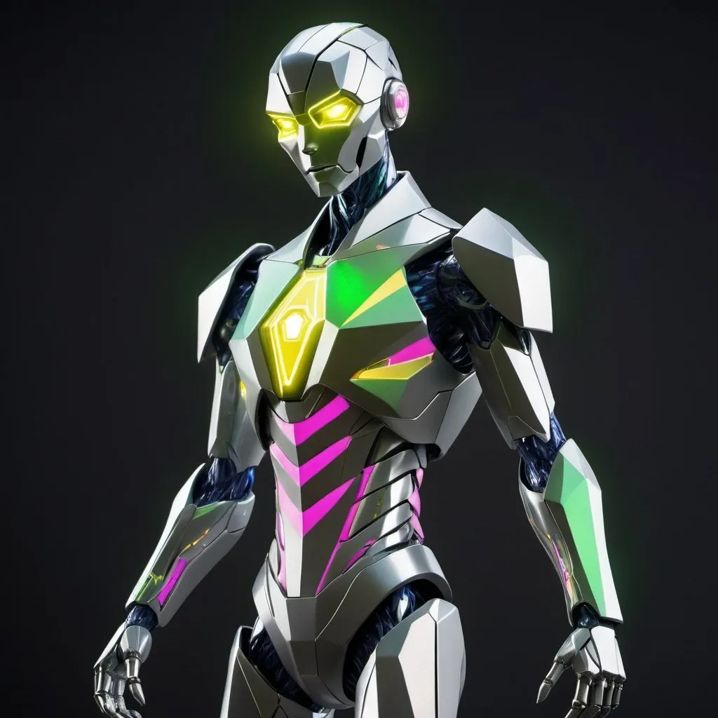 Prompt: A humanoid figure with a silvery, polygonal body, adorned in a suit featuring accents of indigo, yellow, and pink, with a magnet emblem on its chest. Green lasers shoot out from various parts of its body, giving it an otherworldly and futuristic appearance.