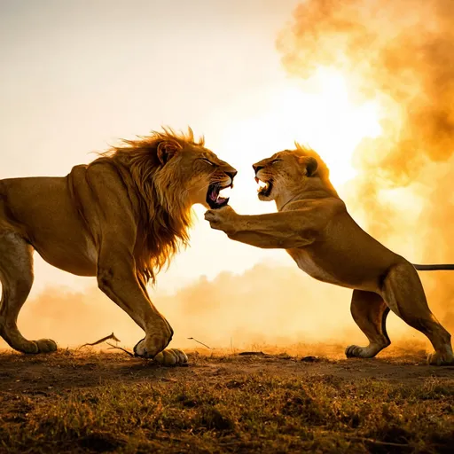 Prompt: A lion fighting his prey wide-angle  Anamorphic lens flare, 35mm film grain. Golden hour sky, smoke rising. Gritty, high-contrast image with rich, saturated colors. Composition inspired by wild life jungle .