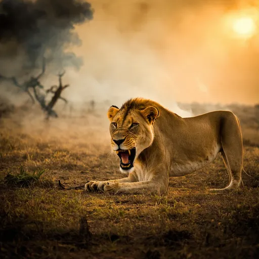 Prompt: A lion eating his prey wide-angle  Anamorphic lens flare, 35mm film grain. Golden hour sky, smoke rising. Gritty, high-contrast image with rich, saturated colors. Composition inspired by wild life jungle .