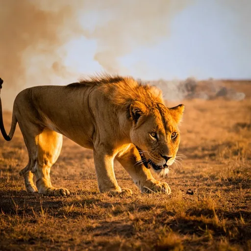 Prompt: A lion eating his prey wide-angle  Anamorphic lens flare, 35mm film grain. Golden hour sky, smoke rising. Gritty, high-contrast image with rich, saturated colors. Composition inspired by wild life jungle .