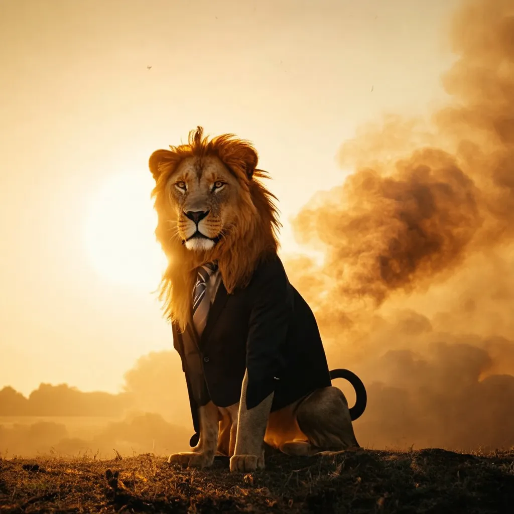 Prompt: lion with a suit cinematic wide-angle  Anamorphic lens flare, 35mm film grain. Golden hour sky, smoke rising. Gritty, high-contrast image with rich, saturated colors. Composition inspired by wild life.