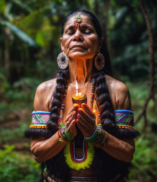 Prompt: Senior South American woman wearing traditional outfit of amazonian people, praying with candle in hand. Nature with trees backdrop. Religion concept.