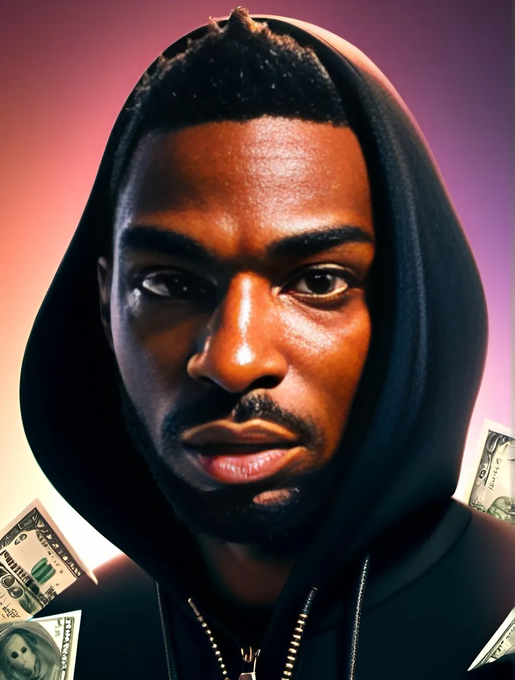 Prompt: Disney Pixar character, (3D render style), (evil look) expression, dressed in (all black) gucci tracksuit with hood up, (stacks of money) held in one hand, cinematic color tones, (dramatic lighting), high-quality details, (stylized) background to highlight character, (playful yet sinister ambiance), ultra-detailed, show tattoos, focuses on character's mischievous personality.