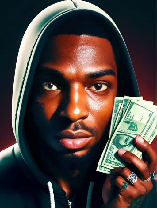 Prompt: Disney Pixar character, (3D render style), (evil look) expression, dressed in (all black) gucci tracksuit with hood up, (stacks of money) held in one hand, cinematic color tones, (dramatic lighting), high-quality details, (stylized) background to highlight character, (playful yet sinister ambiance), ultra-detailed, show tattoos, focuses on character's mischievous personality.