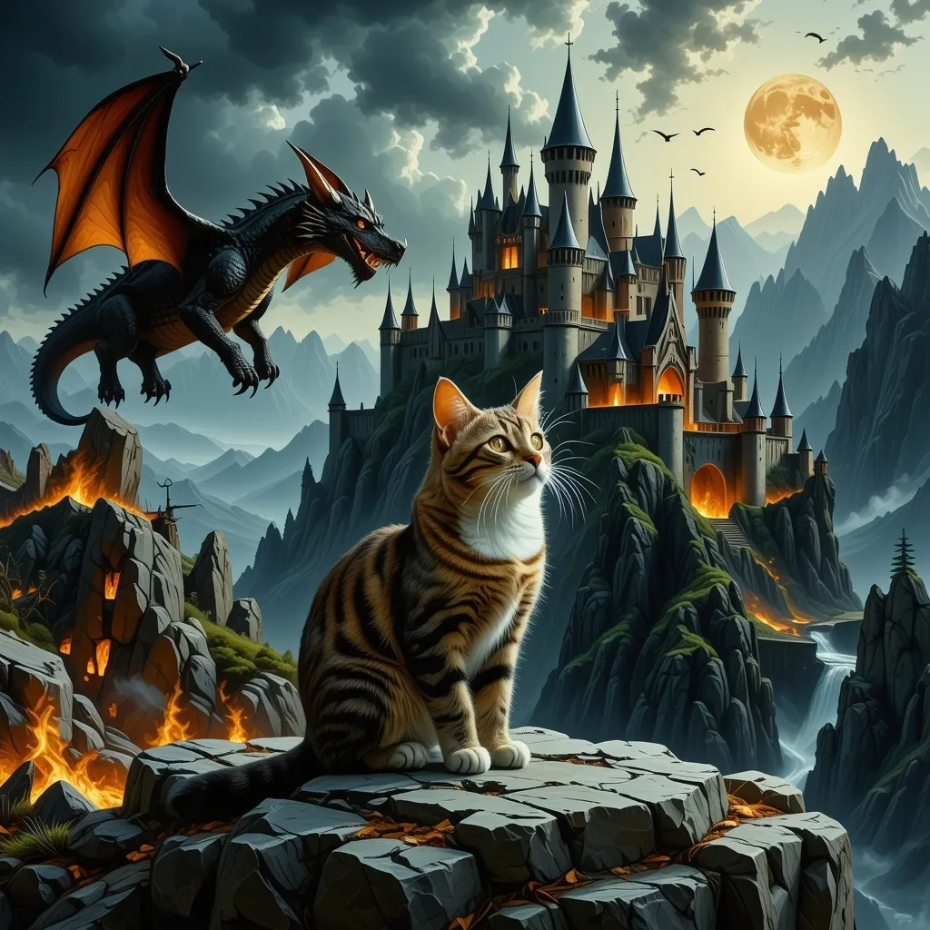 Prompt: a cat sitting on a rock in front of a castle with a dragon flying over it and a fire dragon, Anne Stokes, gothic art, dark fantasy art, a storybook illustration