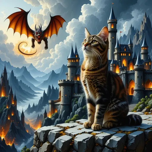 Prompt: a cat sitting on a rock in front of a castle with a dragon flying over it and a fire dragon, Anne Stokes, gothic art, dark fantasy art, a storybook illustration