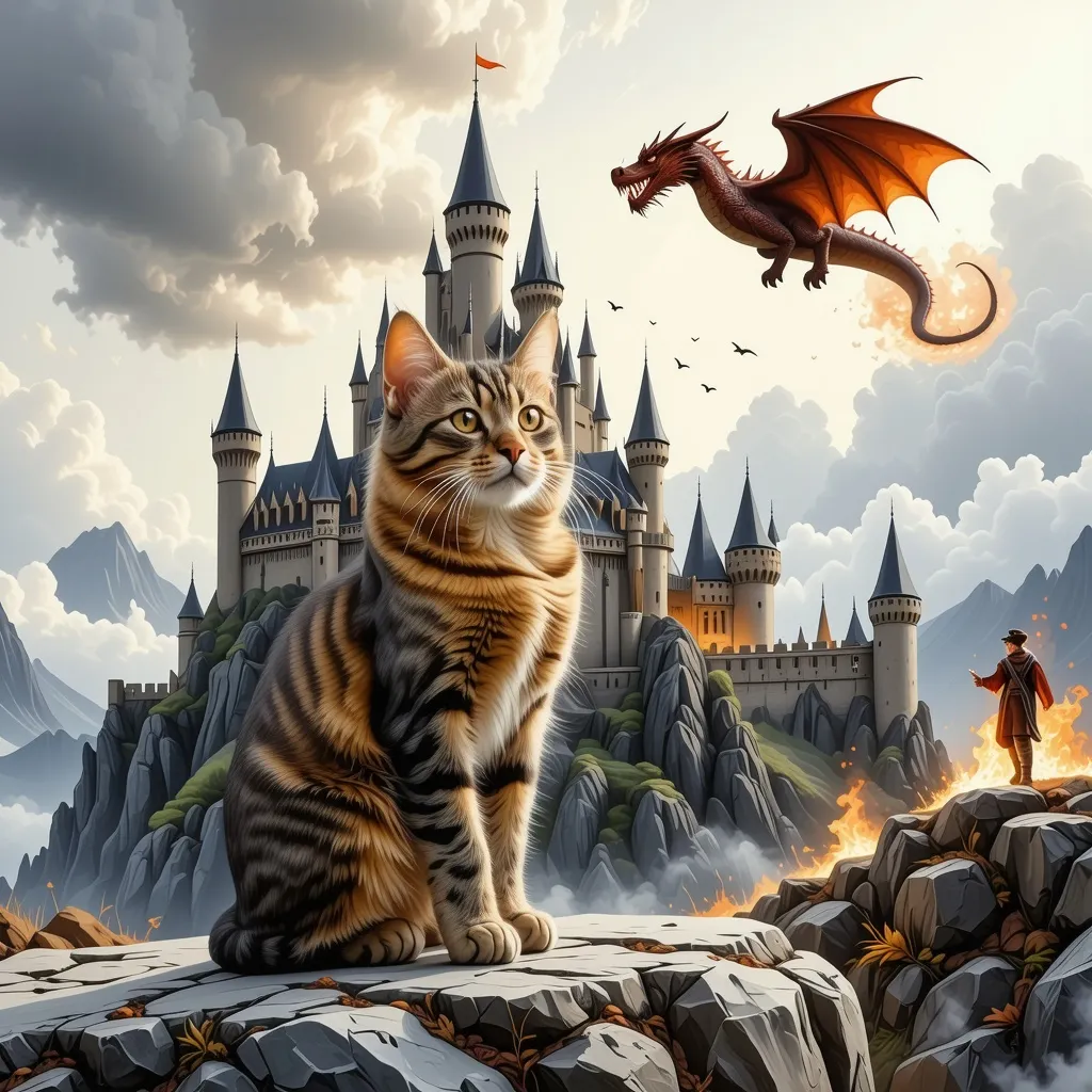 Prompt: a cat sitting on a rock in front of a castle with a dragon flying over it and a fire dragon, Anne Stokes, gothic art, dark fantasy art, a storybook illustration