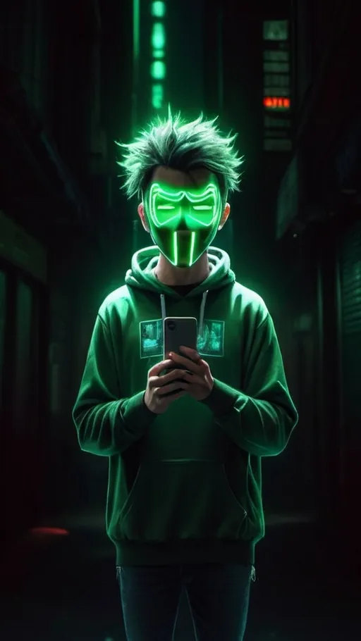 Prompt: a guy in a green mask and a green hoodie in a city at night with neon lights behind him, Andries Stock, verdadism, green, cyberpunk art