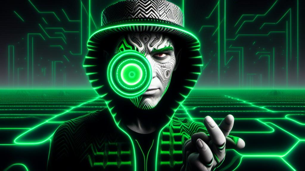 Prompt: <mymodel> a god with a hat holding a green data in his hands and looking at it with a glowing green light, Altichiero, symbolism, promotional image, poster art, mix with synthethic waveform