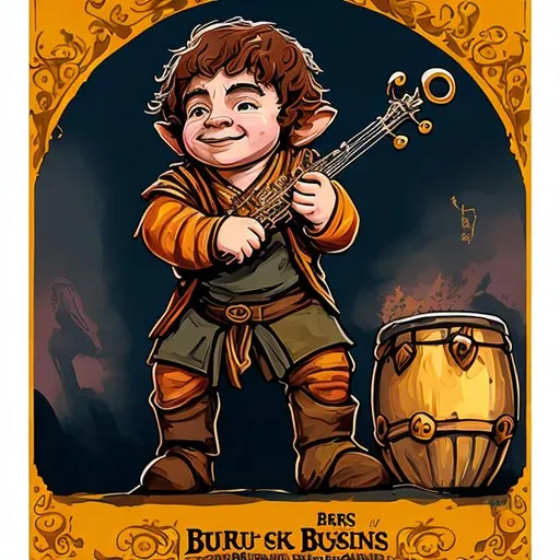 Prompt: concert poster of a halfling bard called "Brus Bockinson"