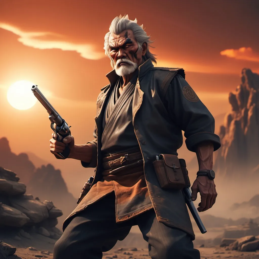 Prompt: legendary old warrior wielding dual revolvers. Set in a dramatic, desolate landscape with a fiery sunset illuminating the scene. High tension atmosphere, showcasing intense faces and dynamic poses. Background features rugged terrain, dust swirling in the air and Japanese architecture. Ultra-detailed, 4K quality for a visually striking effect.