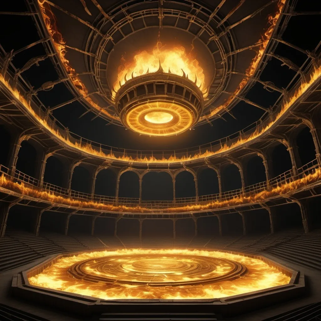 Prompt: arena set in hell filled with golden opulence (camera side view)