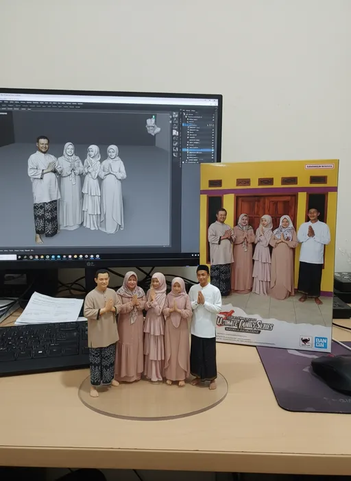 Prompt: Using the model, create a 1/7 scale commercialized figurine of the characters in the picture, in a realistic style, in a real environment. The figurine is placed on a computer desk. The figurine has a round transparent acrylic base, with no text on the base. The content on the computer screen is the Zbrush modeling process of this figurine. Next to the computer screen is a BANDAI-style toy packaging box printed with the original artwork. The packaging features two-dimensional flat illustrations.