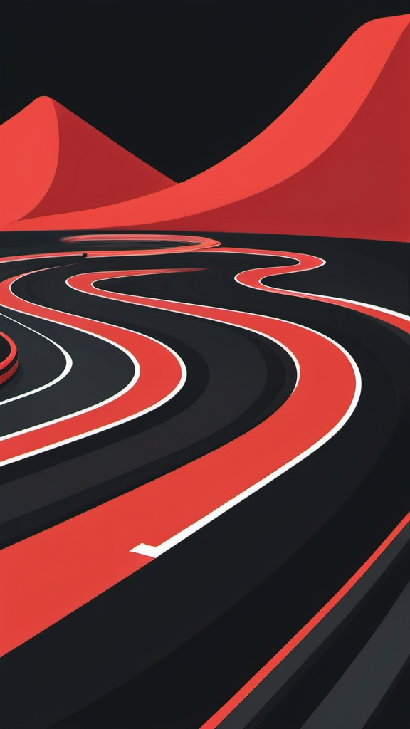 Prompt: Flat illustration, simple forms, simple shapes, vector, minimalism, go karting track, red and black colour scheme, tall image, top 2/3 of image as black sky