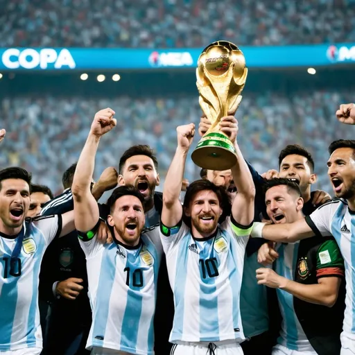 Prompt: the victorious moment of the Argentina football team celebrating their Copa America win. The scene should show the team jubilantly cheering on the field, with the Copa America trophy prominently held by the famous player Messi. Include the flags of both Argentina and Bangladesh in the background, symbolizing the celebration and global support. The atmosphere should be filled with excitement and joy, capturing the essence of their hard-earned victory.