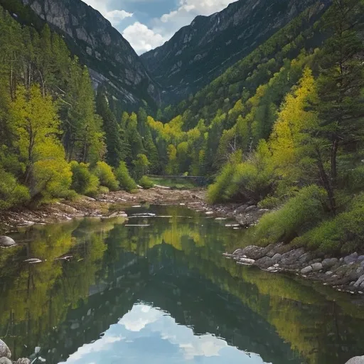 Prompt: realism style, a solitary man fishing in a serene mountain river, vibrant color scheme with bright blues and lush greens, reflections on water, detailed rocky mountain backdrop, atmospheric and tranquil mood, overcast yet warm light, ultra-detailed, evoke a sense of peace and solitude, natural elements like trees and boulders surrounding the scene, capturing the beauty of nature.