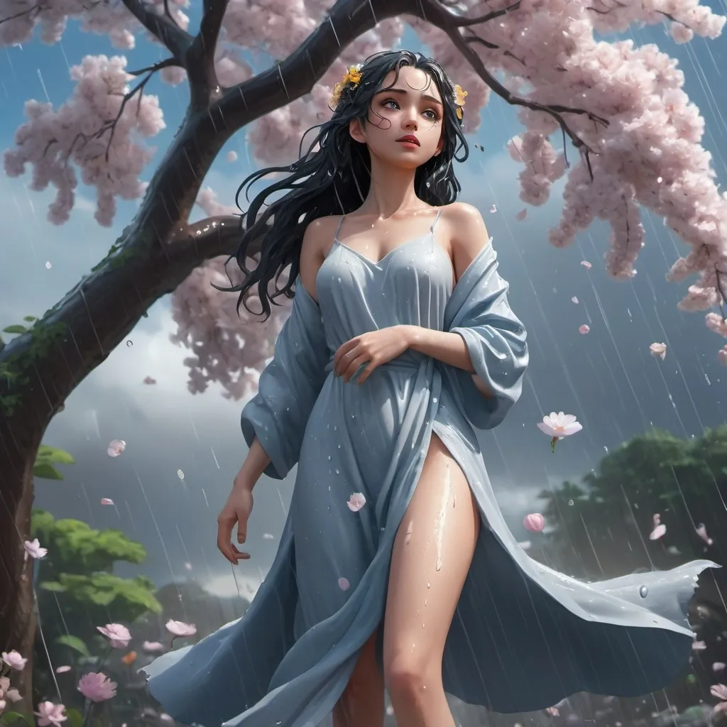 Prompt: A Disney-style A full body of Woman in Heaven With the highest depth & color quality, tree & flowers soaked in the rain, has attractive big black eyes By artist "anime", 3d anime art, inspired by WLOP, Artstation, #genshinimpact pixiv, extremely detailed, aesthetic, concept art, ultrafine detail, breathtaking, 8k resolution, vray tracing abstract art complementary colors fine details 
