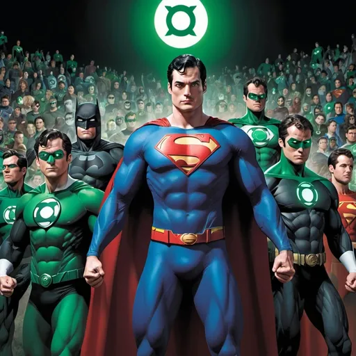 Prompt: Superman in the middle and batman and green lantern at the back. all holding hands