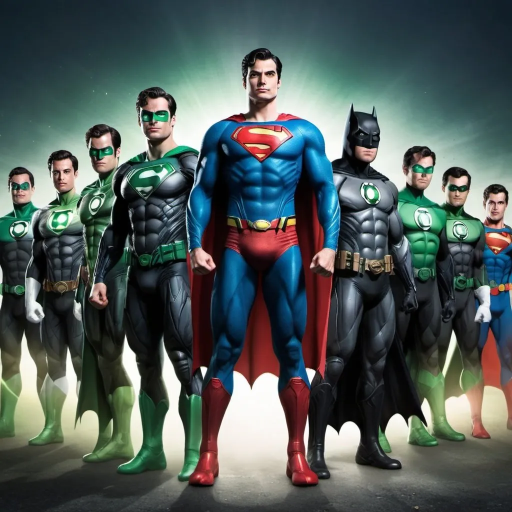 Prompt: Superman in the middle and batman and green lantern at the back. all holding hands