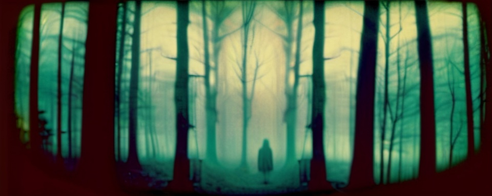 Prompt: Occult, Horror, Disturbing, Deep Woods, forest, foggy, low quality, muted colors, blurred silhoutte, dark image, polaroid