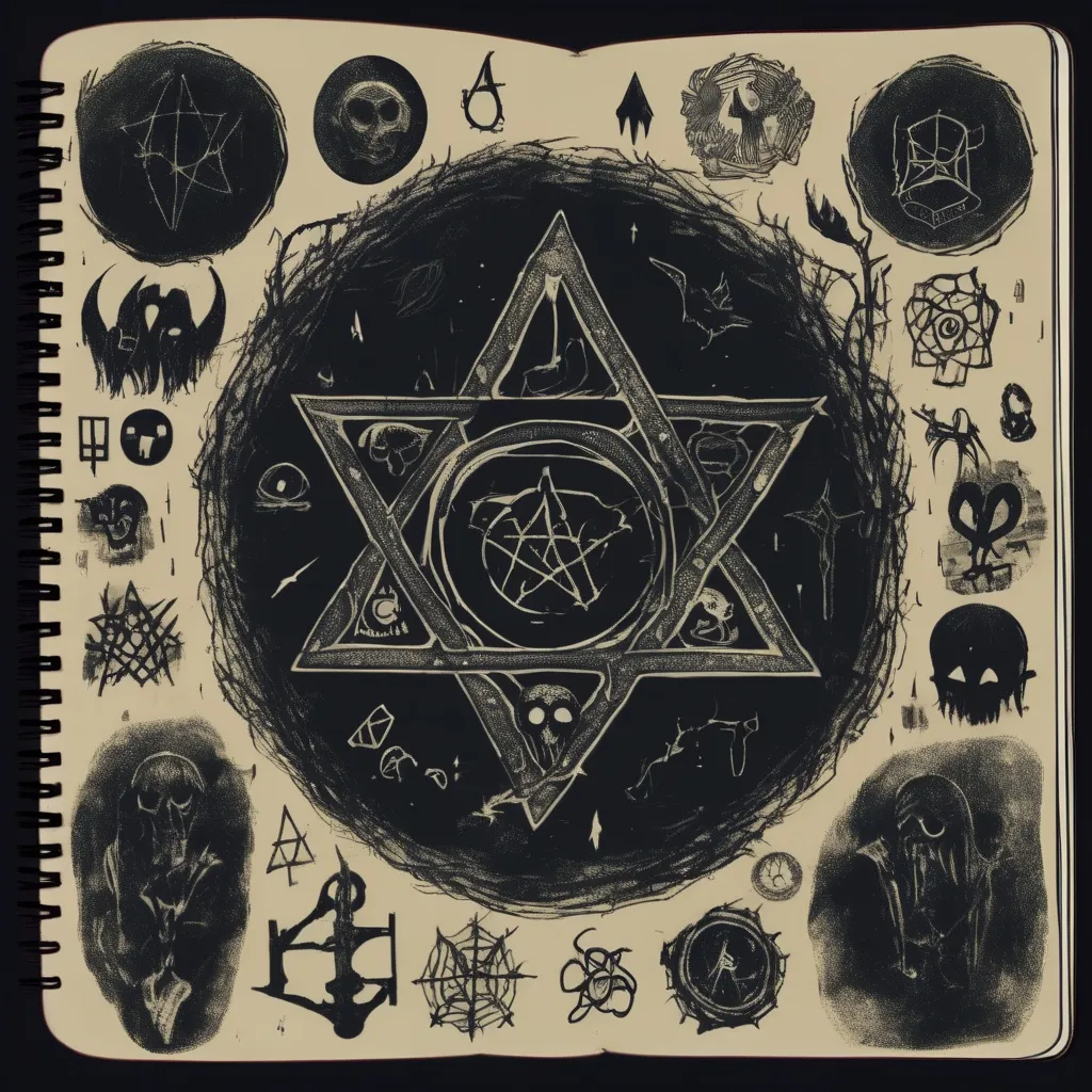 Prompt: Occult, Horror, Disturbing, low quality, muted colors, dark image, nighttime, Symbols in notebook