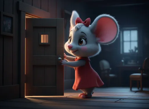 Prompt: @2N5qu6lx2R95aSgiXyAs Scene 10 – Misty’s Dark House
Setting: Inside Misty’s house. Dark and quiet.
Visual Action:Misty opens the door carefully.
The room is silent. the dodor should be small not large as it is mistys house 