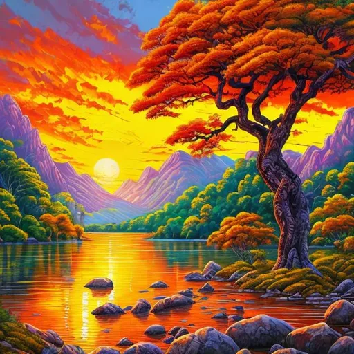 Prompt: Scenic sunset landscape with a majestic tree, river, and mountains, oil painting, serene natural beauty, vibrant sunset colors, detailed tree bark and lush foliage, high quality, oil painting, serene, vibrant colors, detailed tree, lush foliage, scenic landscape, sunset, mountains, river, natural beauty, vibrant colors, atmospheric lighting