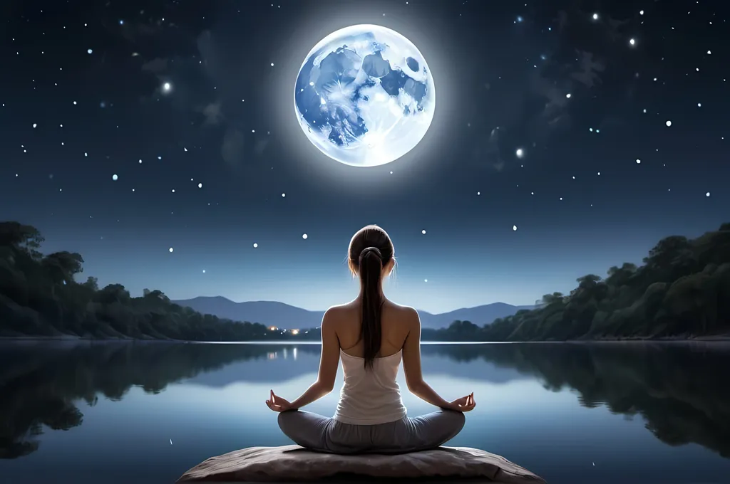 Prompt: Woman meditating at lakeshore under full moon, serene and peaceful, night scene, high quality, realistic, moonlit, tranquil atmosphere, clear reflection on water, detailed stars, calm and focused, meditative pose, serene setting, serene and peaceful, moonlit night, reflective water, detailed stars, best quality, realistic, tranquil, peaceful lighting