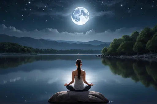 Prompt: Woman meditating at lakeshore under full moon, serene and peaceful, night scene, high quality, realistic, moonlit, tranquil atmosphere, clear reflection on water, detailed stars, calm and focused, meditative pose, serene setting, serene and peaceful, moonlit night, reflective water, detailed stars, best quality, realistic, tranquil, peaceful lighting