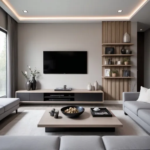 Prompt: Generate an image of a modern living room featuring a sleek TV wall setup. The design should include a wall-mounted TV with a stylish floating cabinet below it. The backdrop should be a combination of smooth and textured surfaces, incorporating vertical slats with integrated lighting at the top and bottom for a sophisticated look. The room should have elegant drapes on one side, a minimalist coffee table in the foreground, and tasteful decorative items to enhance the contemporary aesthetic. The color palette should focus on neutral tones such as greys, whites, and light wood finishes.