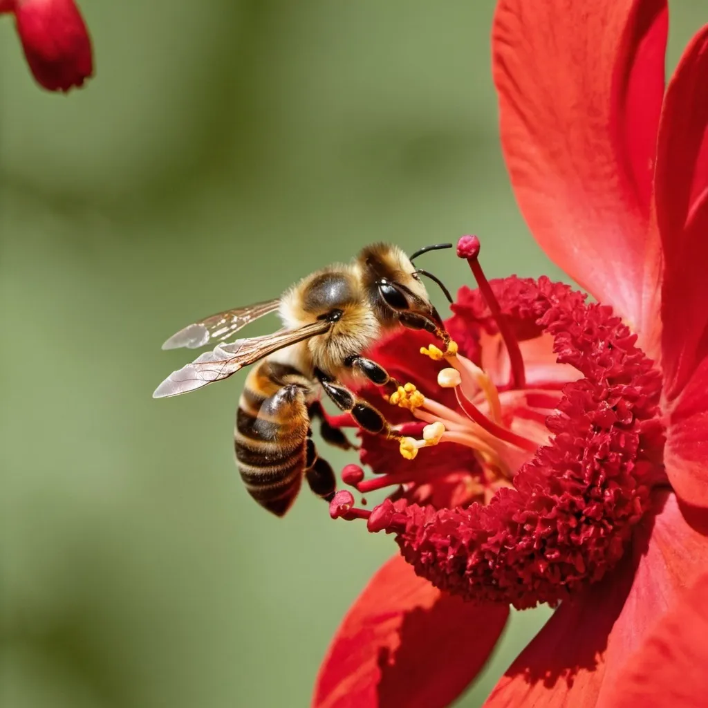 Prompt: bee on red flower collecting nectar