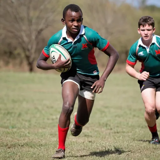 Prompt: A sixteen year old boy from Kenya is playing rugby for national team