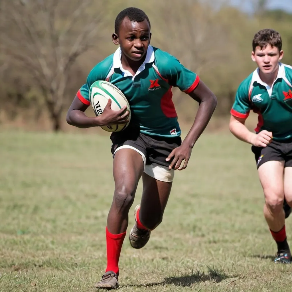 Prompt: A sixteen year old boy from Kenya is playing rugby for national team