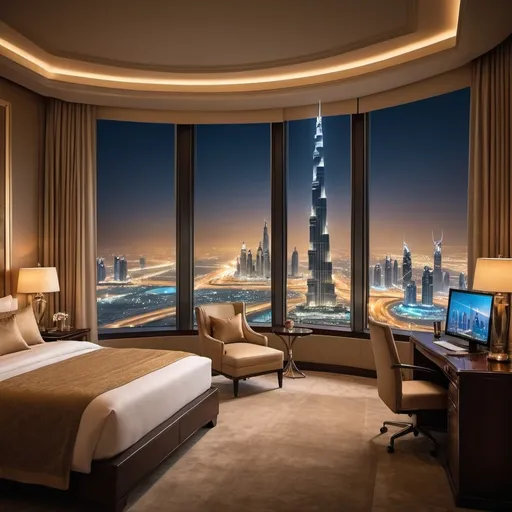 Prompt: A trader in the room of hotel with the view of burj khalifa