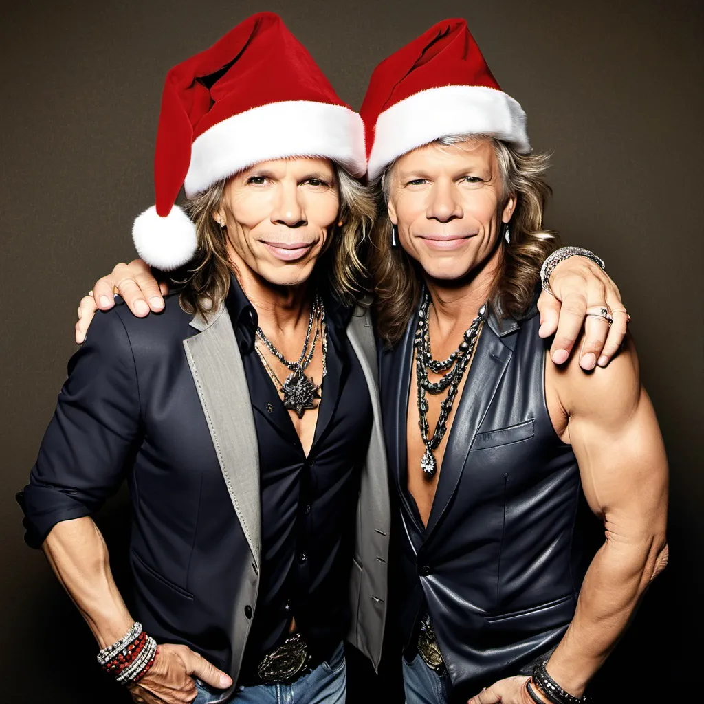 Prompt: make a picture of steven tyler and jon bon jovi wearing christmas hats linked arm in arm