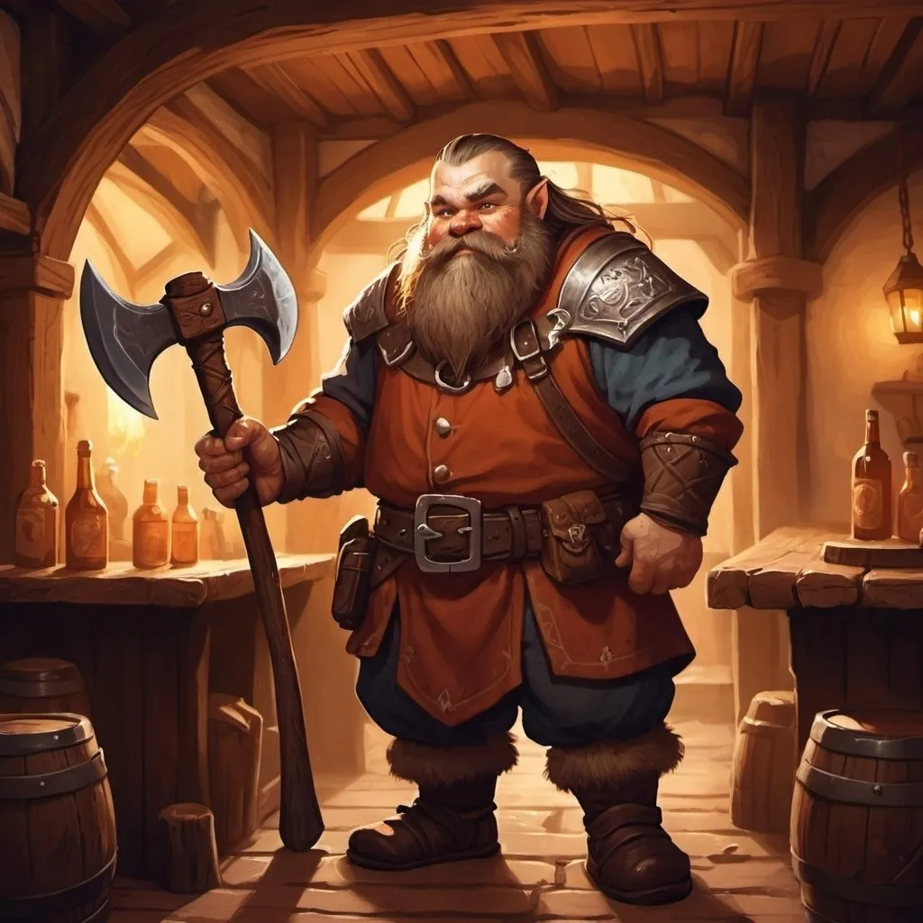 Prompt: dwarf character holding an axe in a tavern , fantasy character art, illustration, dnd, warm tone