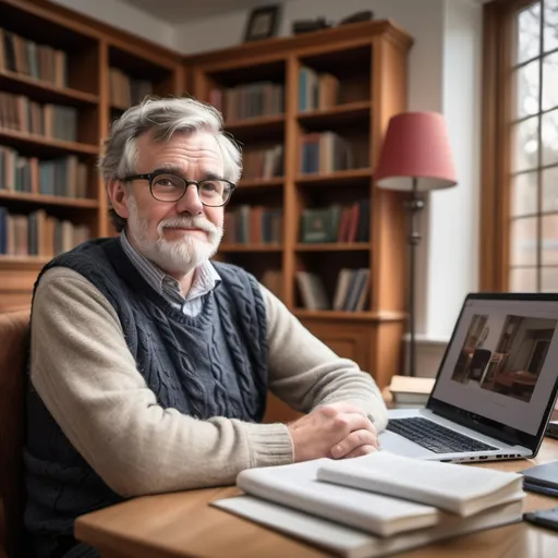 Prompt: Create an image of a typical college English professor sitting in his home enjoying some free time. 