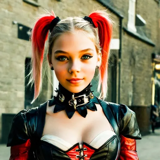 Prompt: Tall young woman, Harley Quinn, walking down the high street, choker necklace, corset, thigh high boots, detailed clothing, realistic, natural lighting