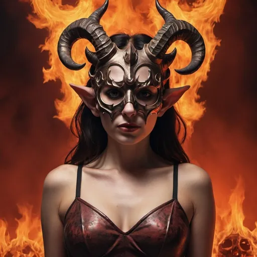 Prompt: A woman with horns and a mask in hell. Write on design Nosae